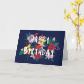Carte Joyeux anniversaire floral bleu-foncé rouge-rose (Fleur jaune)