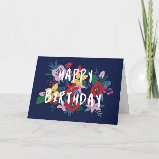 Carte Joyeux anniversaire floral bleu-foncé rouge-rose (Devant)