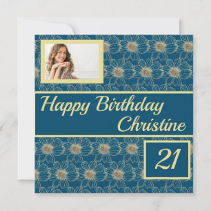 Carte Joyeux anniversaire Floral or Turquoise design Car