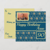 Carte Joyeux anniversaire Floral or Turquoise design Car (Devant / Derrière)