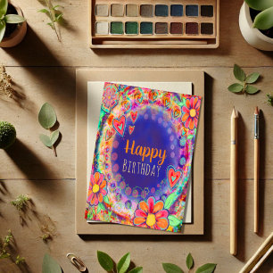 Carte Joyeux Anniversaire Floral Violet Fille joyeuse