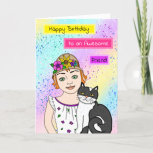 Carte Joyeux anniversaire   Folk Art Girl and Cat