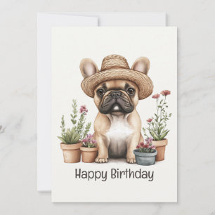 Carte Joyeux Anniversaire Français Bulldog Gardening Pot