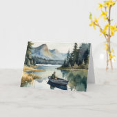 Carte Joyeux anniversaire Frère pêche sur le lac en bate (Fleur jaune)