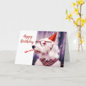 Carte Joyeux Anniversaire Fun Chien Animateur Blanc à l' (Fleur jaune)