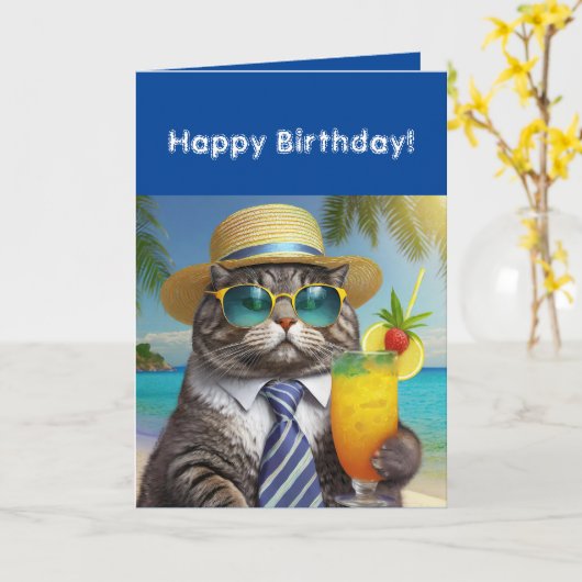 Carte Joyeux anniversaire Funny Cool Cat Mai Tai (Fleur jaune)