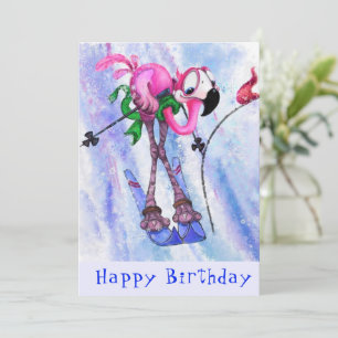 Carte Joyeux anniversaire - Funny Pink Flamant rose Skie