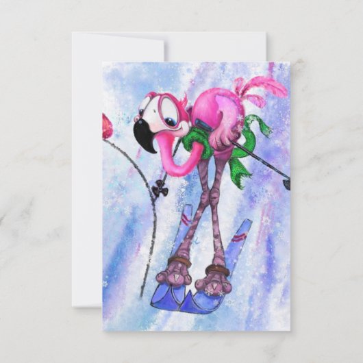 Carte Joyeux anniversaire - Funny Pink Flamant rose Skie (Dos)