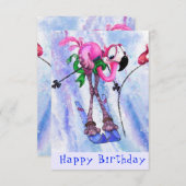 Carte Joyeux anniversaire - Funny Pink Flamant rose Skie (Devant / Derrière)