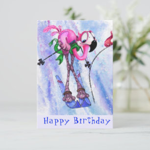 Carte Joyeux anniversaire - Funny Pink Flamant rose Skie