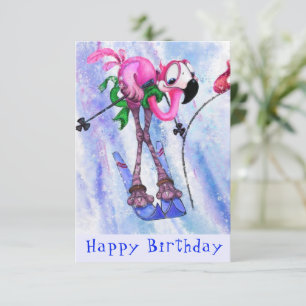 Carte Joyeux anniversaire - Funny Pink Flamant rose Skie