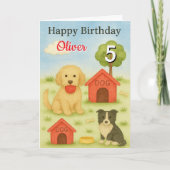 Carte Joyeux Anniversaire Garçon 5 Ans / Chiots Mignons  (Devant)