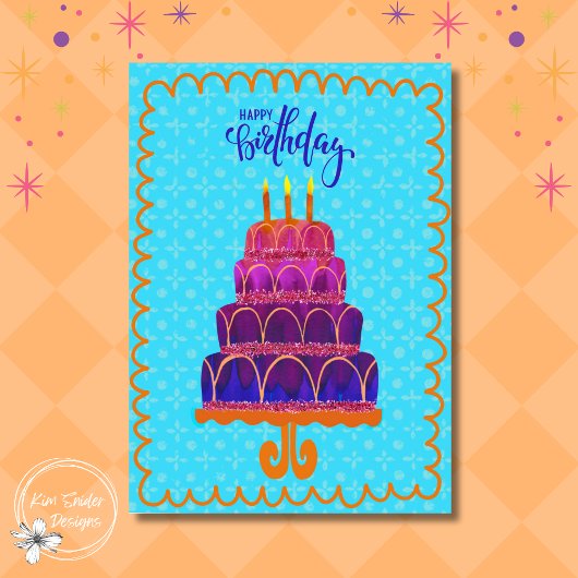 Carte "Joyeux anniversaire" Gâteau violet et rose aux bo