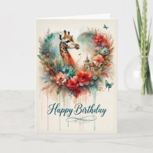 Carte Joyeux Anniversaire Girafe Aquarelle Floral