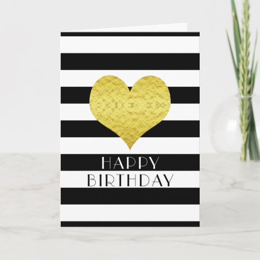Carte Joyeux Anniversaire Gold Heart Black White Stripes (Devant)