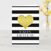 Carte Joyeux Anniversaire Gold Heart Black White Stripes (Fleur jaune)