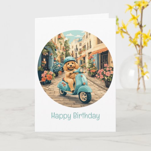 Carte Joyeux anniversaire Goldendoodle Chien équitation (Fleur jaune)