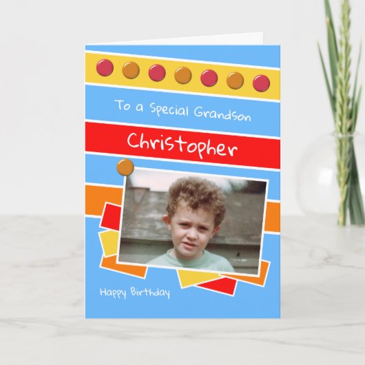 Carte Joyeux anniversaire Grand-fils rouge bleu jaune ph (Devant)