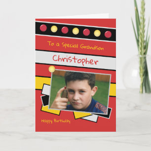 Carte Joyeux anniversaire grand-fils rouge et noir photo