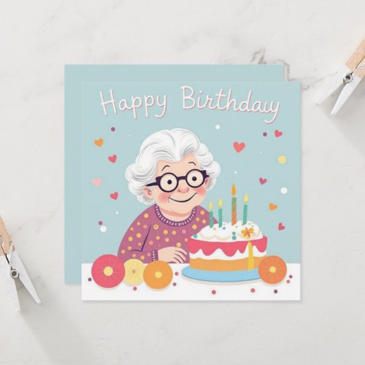 Carte Joyeux Anniversaire Grand-mère Coeurs et gâteau pa (Devant/Arrière en situation)