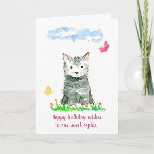 Carte Joyeux anniversaire Grey Kitten Nom personnalisé (Devant)
