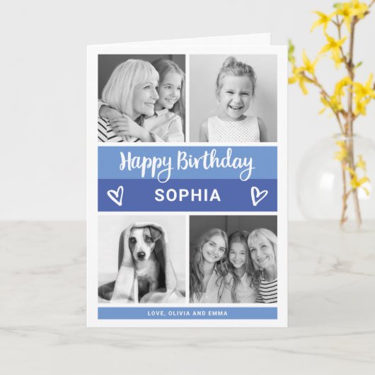 Carte Joyeux anniversaire | Grille photo bloc couleur bl (Fleur jaune)