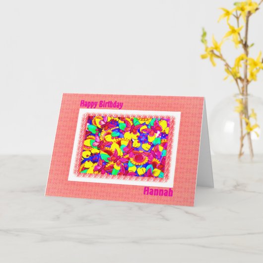 Carte Joyeux Anniversaire Hannah dans Peachy Pink (Fleur jaune)
