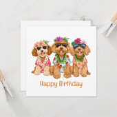 Carte Joyeux anniversaire Hawaiian Goldendoodle Dogs (Devant/Arrière en situation)
