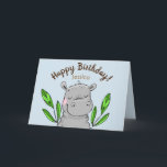Carte Joyeux Anniversaire Hippopotame<br><div class="desc">Illustration d'hippopotame mignon avec texte avant ajustable. Intérieur vide. Vous pouvez ajouter votre propre message.</div>