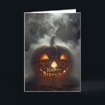 Carte Joyeux anniversaire Jack-o-lanterne dans la fumée<br><div class="desc">Un lugubre jack-o-lanterne avec des sculptures complexes et les mots "Joyeux Anniversaire" illuminé de l'intérieur est entouré de fumée tourbillonnante Texte peut être changé.</div>
