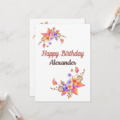 Carte Joyeux Anniversaire Jaune Fleurs pourpres Aquarell (Devant/Arrière en situation)