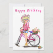 Carte Joyeux Anniversaire - Jolie Fille Blonde avec Vélo (Devant)