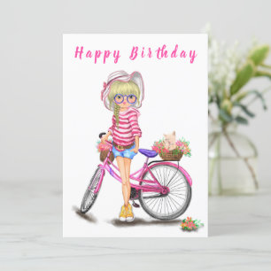 Carte Joyeux Anniversaire - Jolie Fille Blonde avec Vélo