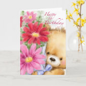 Carte Joyeux Anniversaire, Jolie Ours Tenant Des Fleurs. (Fleur jaune)