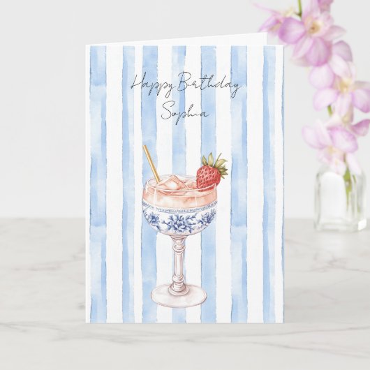 Carte Joyeux Anniversaire jolies rayures blanches bleues (Orchidée)