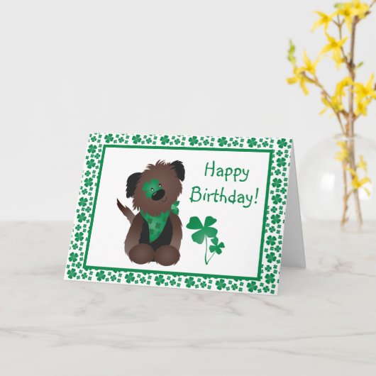 Carte Joyeux Anniversaire Jour Chien Shamrock Vert (Fleur jaune)