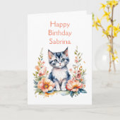 Carte Joyeux anniversaire | Kitten gris personnalisé (Fleur jaune)