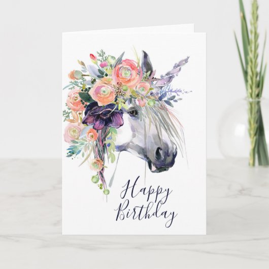Carte Joyeux Anniversaire | Licorne en Robe Florale (Devant)