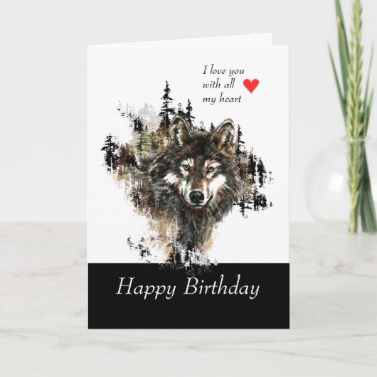 Carte Joyeux Anniversaire Love Masculine Wolf Mountain (Devant)