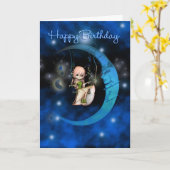 Carte Joyeux Anniversaire Lune Bleue Fée étoiles et ciel (Fleur jaune)