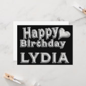 Carte Joyeux Anniversaire Lydia avec un cœur (Devant/Arrière en situation)