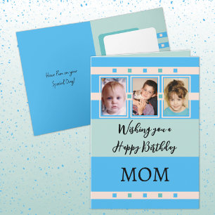 Carte Joyeux anniversaire Maman ajouter 3 photos bleu ve