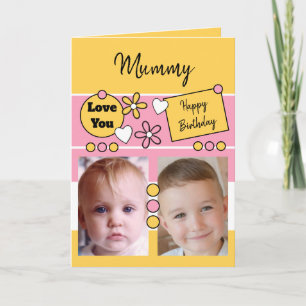 Carte Joyeux Anniversaire maman rose jaune avec photos C