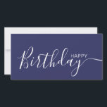 Carte Joyeux Anniversaire Marine Bleu Blanc Moderne Cart<br><div class="desc">Cette carte à plat moderne et élégante est dotée d'un texte blanc Happy Birthday à l'avant et à l'arrière personnalisez-le avec votre nom ou votre nom de famille. L'arrière - plan est de couleur bleu marine.</div>