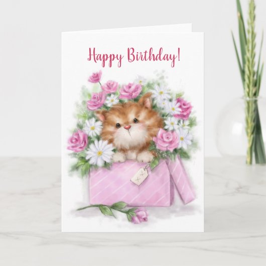Carte Joyeux anniversaire, mignon chat dans la boîte à f (Devant)