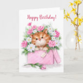 Carte Joyeux anniversaire, mignon chat dans la boîte à f (Fleur jaune)
