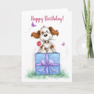 Carte Joyeux Anniversaire, mignon chien en cadeau
