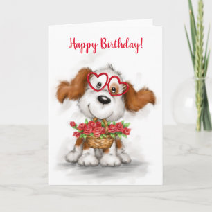Carte Joyeux anniversaire, mignon chien tenant panier de