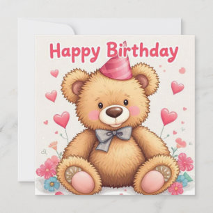 Carte Joyeux Anniversaire mignon Ours Teddy aux Coeurs R
