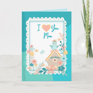 Carte Joyeux anniversaire, MOM, Aquarelle Oiseaux et fle